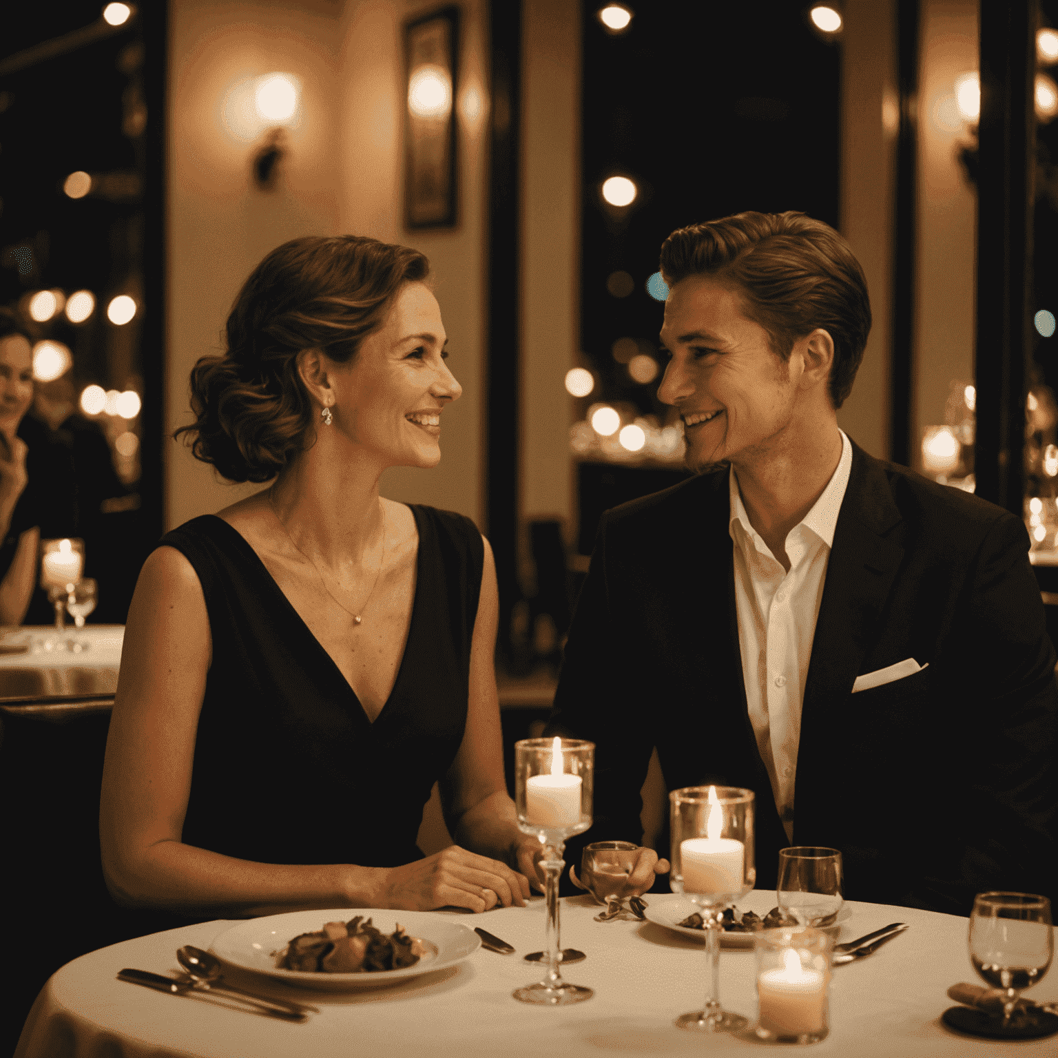 Stylish couple smiling at each other while sitting at a candlelit restaurant table. The woman is wearing an elegant black dress and the man is in a well-fitted suit.