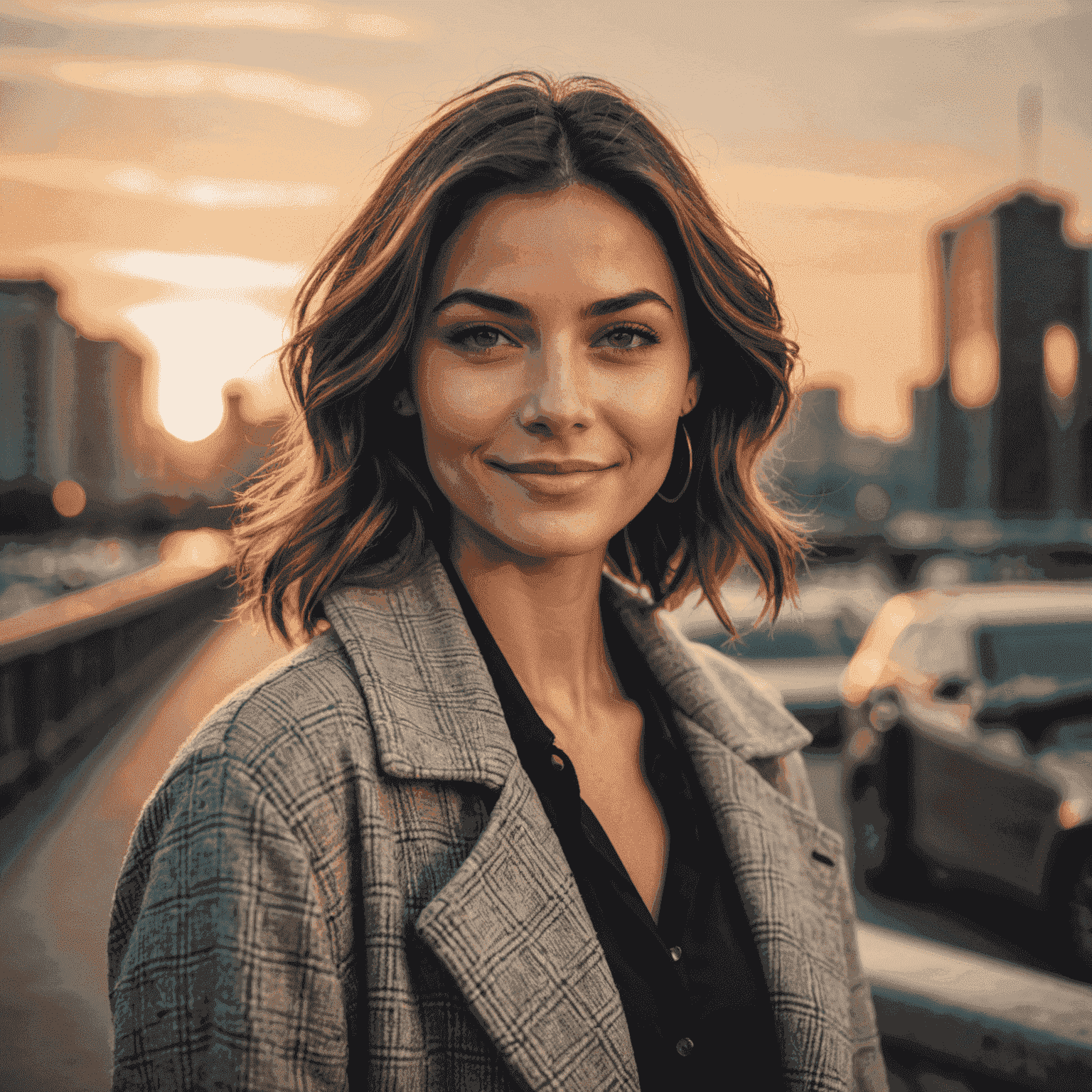 Attractive model with warm smile looking directly at camera, wearing stylish outfit. Background is blurred city skyline at sunset.