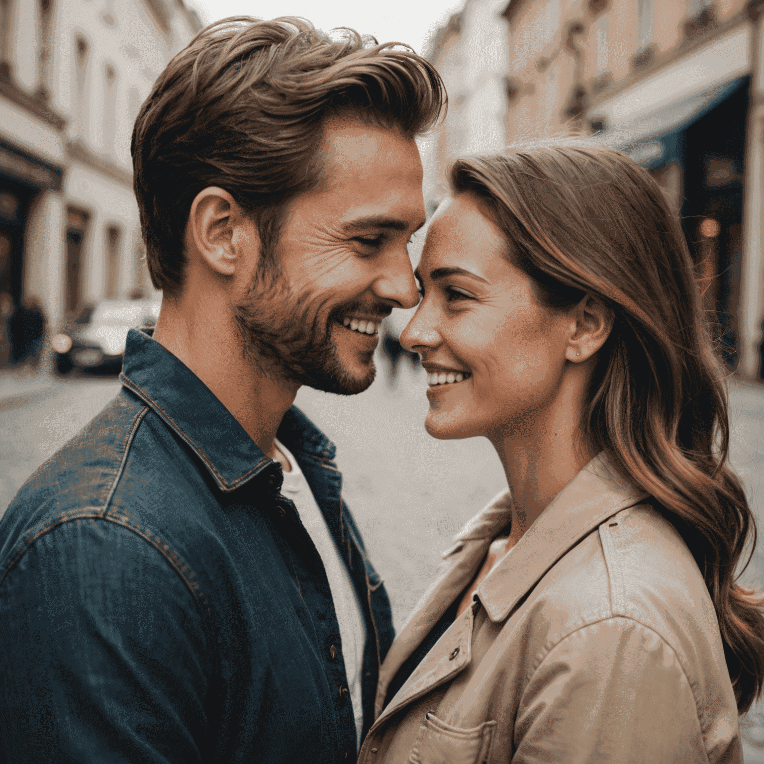 Attractive model couple embracing and smiling at each other, representing a successful relationship