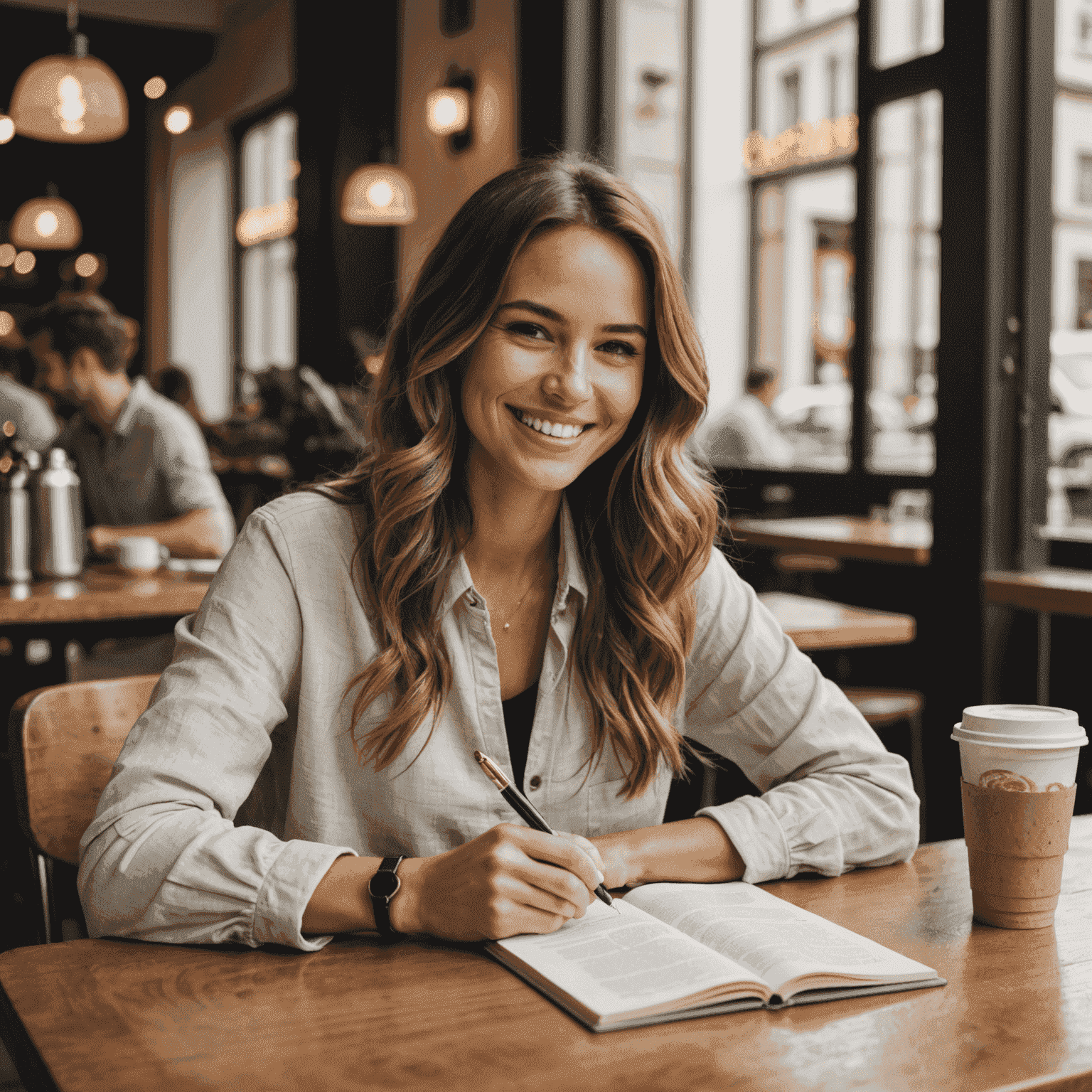 Smiling model sitting at cafe table writing in journal. Wearing casual chic outfit. Latte and croissant on table.